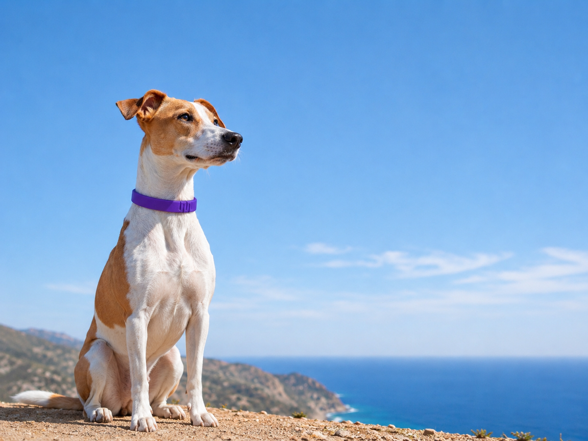A small brown and white dog wearing a purple collar sits on a rocky cliffside overlooking the blue sea and sky.
